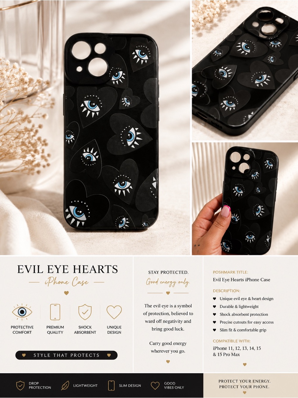 Evil Eye Hearts iPhone Case - Black fits iPhone 15
